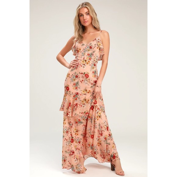 NWT LULUS Gabriella Blush Pink Floral Print Ruffled High-Low Maxi Dress Medium - Picture 3 of 9